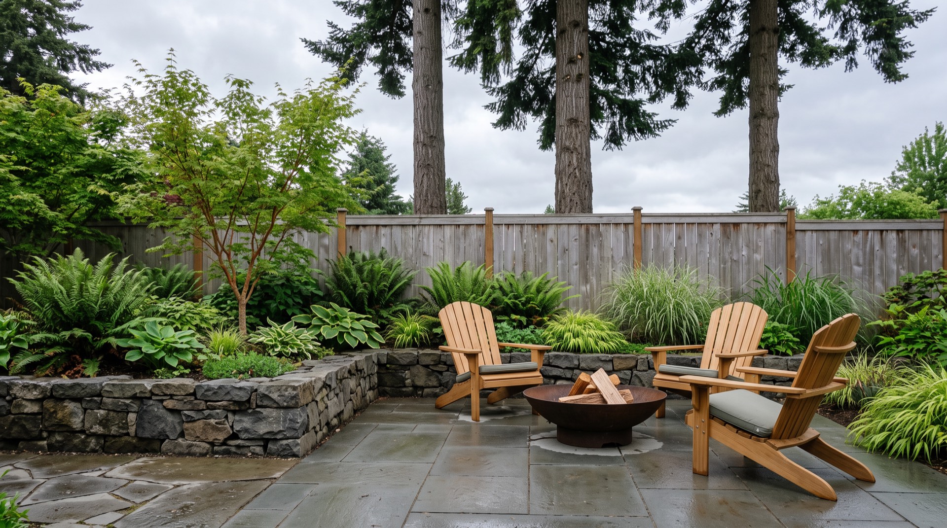 The same backyard finished: a level bluestone terrace with a fire bowl and teak chairs, a low basalt retaining wall and layered fern plantings.