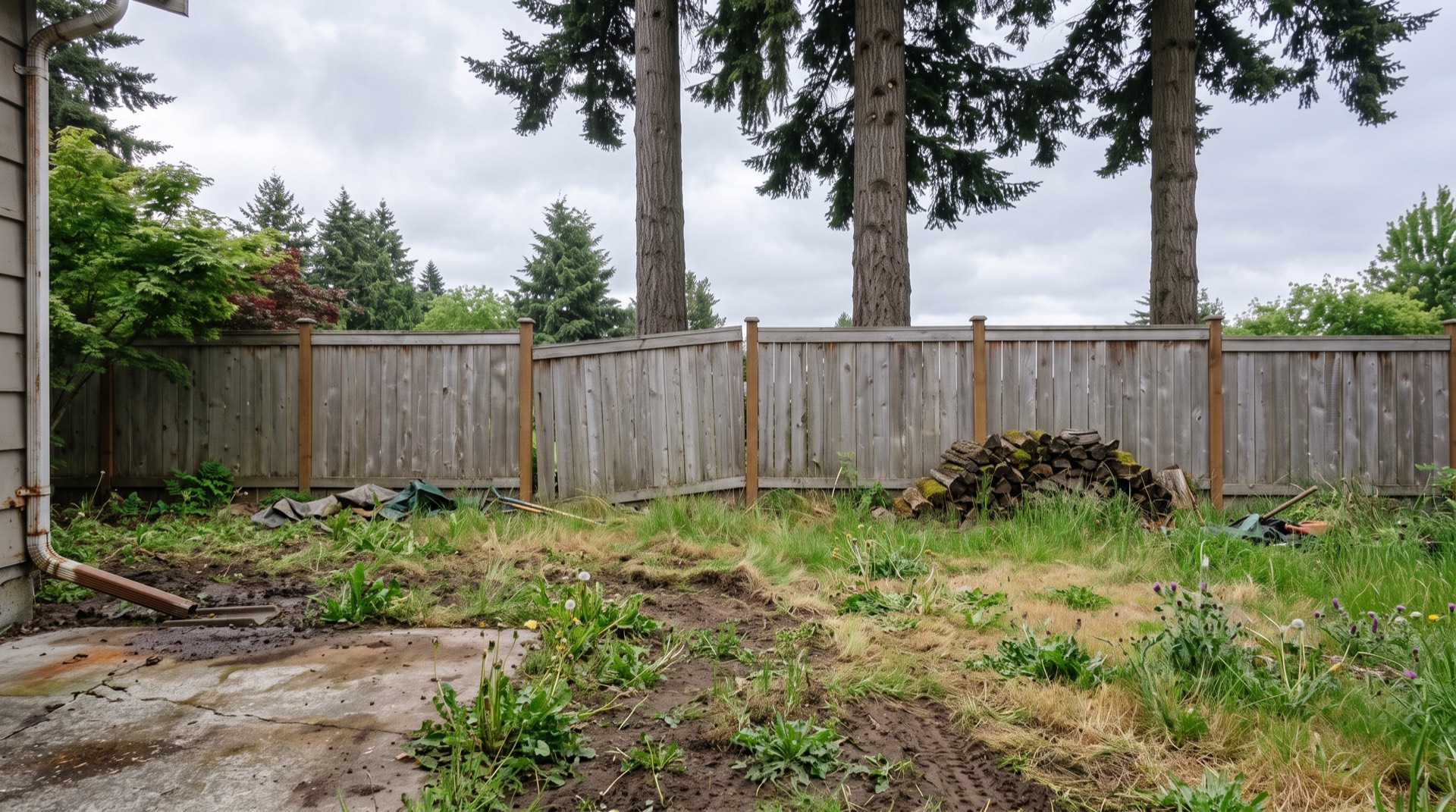 Neglected sloping backyard with patchy dying lawn, bare mud, weeds and a cracked concrete slab against a weathered cedar fence.