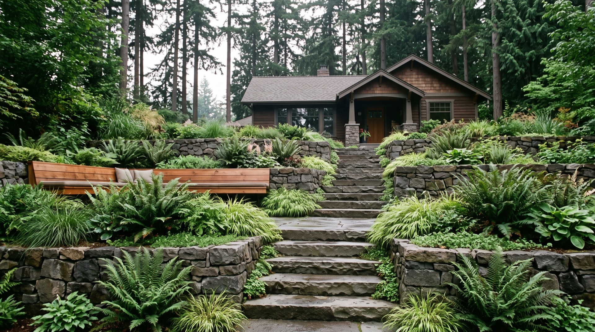 Three dry-stacked basalt terrace levels connected by wide bluestone steps, with a cedar bench and layered ferns.