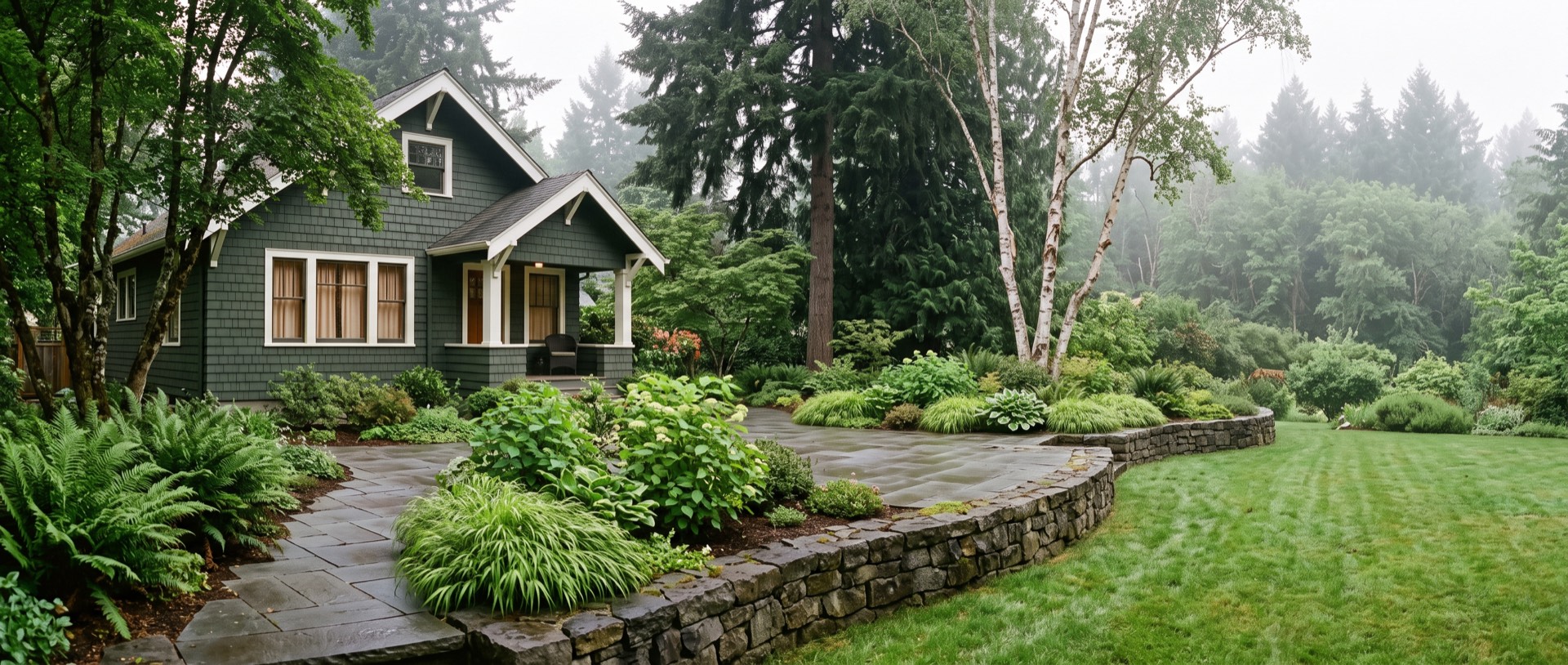 A finished Portland backyard: a lawn edged by a low basalt wall and layered fern plantings, with a green craftsman house and Douglas firs behind, in soft overcast morning light.