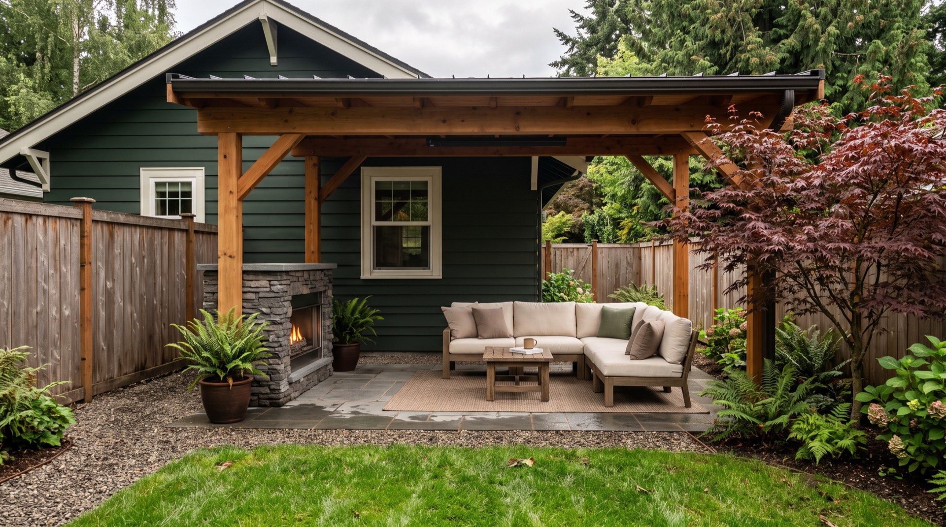 The same spot finished: a cedar pergola over a bluestone patio with a stacked-basalt fireplace, a low sofa with cream cushions and potted ferns.
