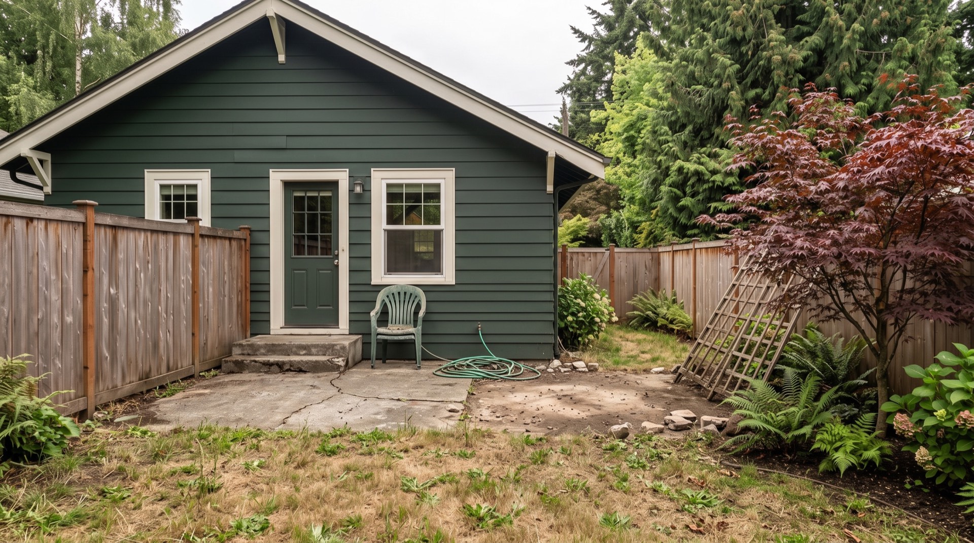 A bare weedy back lawn behind a dark green craftsman house, with a cracked concrete stoop, a faded plastic chair and a coiled hose.