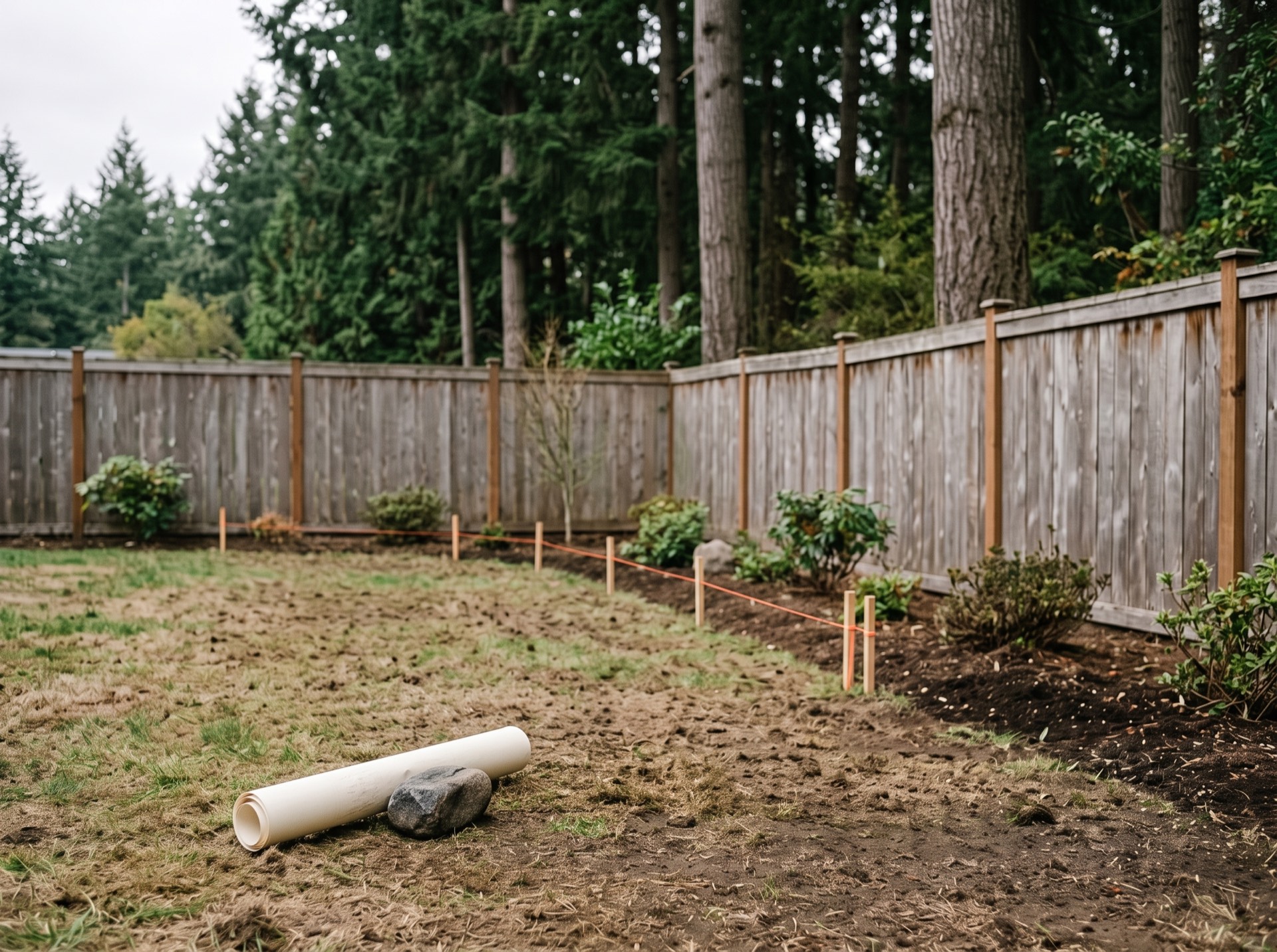 A bare backyard staked out before construction: wooden survey stakes and orange string line marking new bed edges, with a rolled paper plan weighted under a stone.