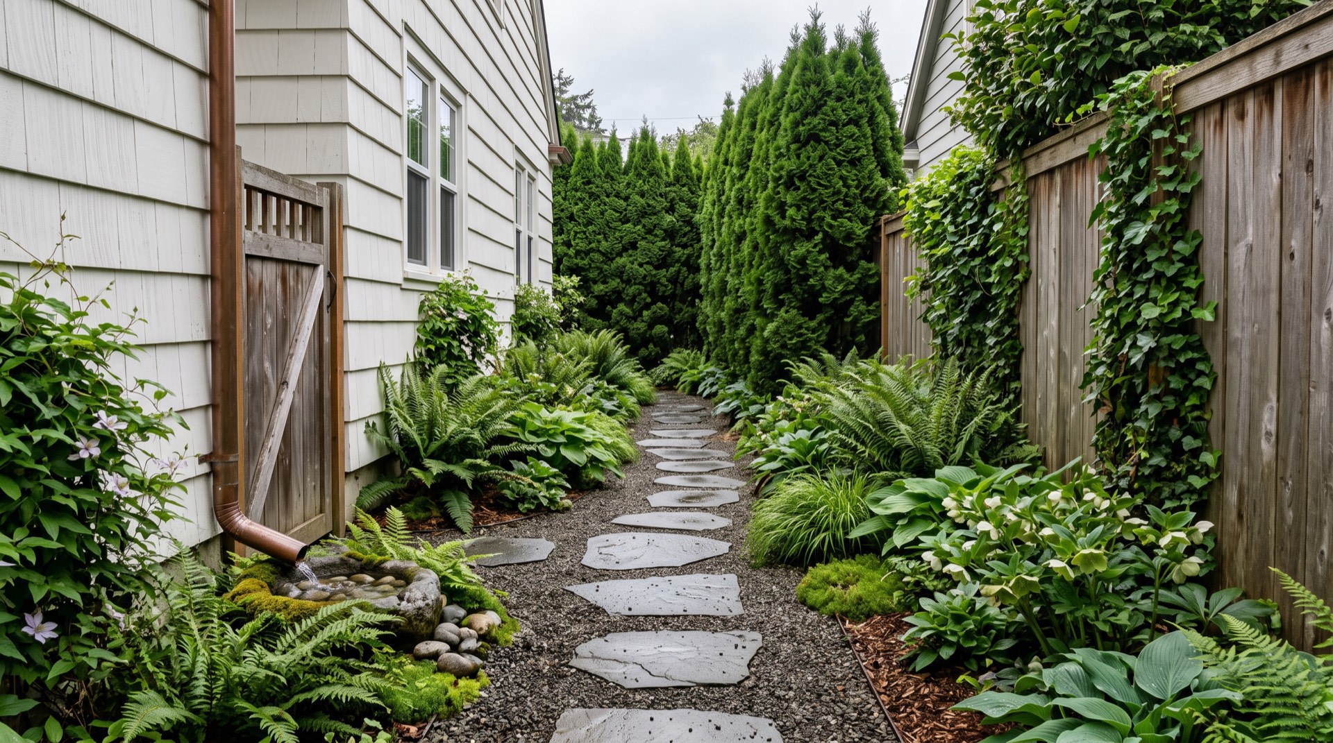 The same side yard finished: a crushed basalt path with bluestone stepping pads running between dense fern, hosta and hellebore plantings.