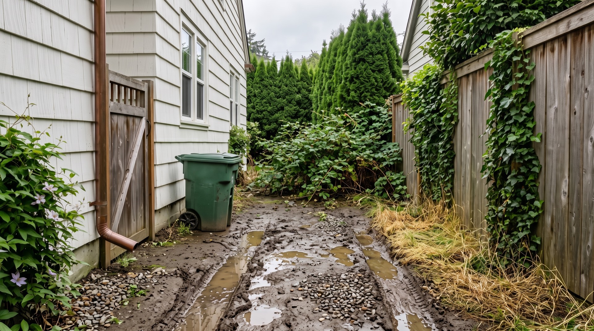 A muddy neglected side yard with standing puddles, tire ruts, dead grass and a rubbish bin between a white clapboard wall and a cedar fence.