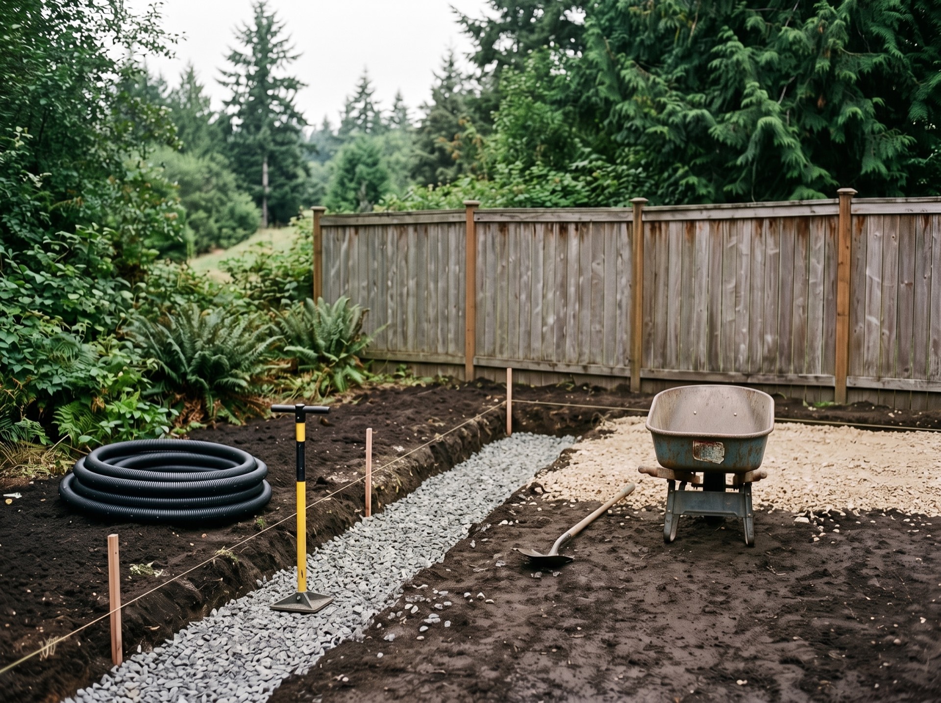 An open drainage trench with a compacted gravel base, a coil of perforated drain pipe and a wheelbarrow, mid-installation in a residential backyard.