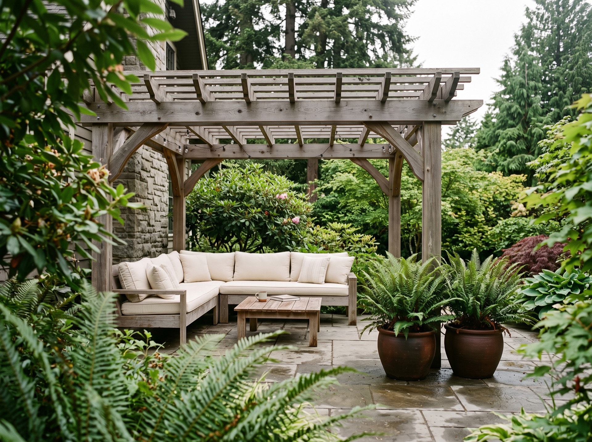 A cedar pergola over a bluestone patio with a built-in bench, cream cushions and potted ferns.