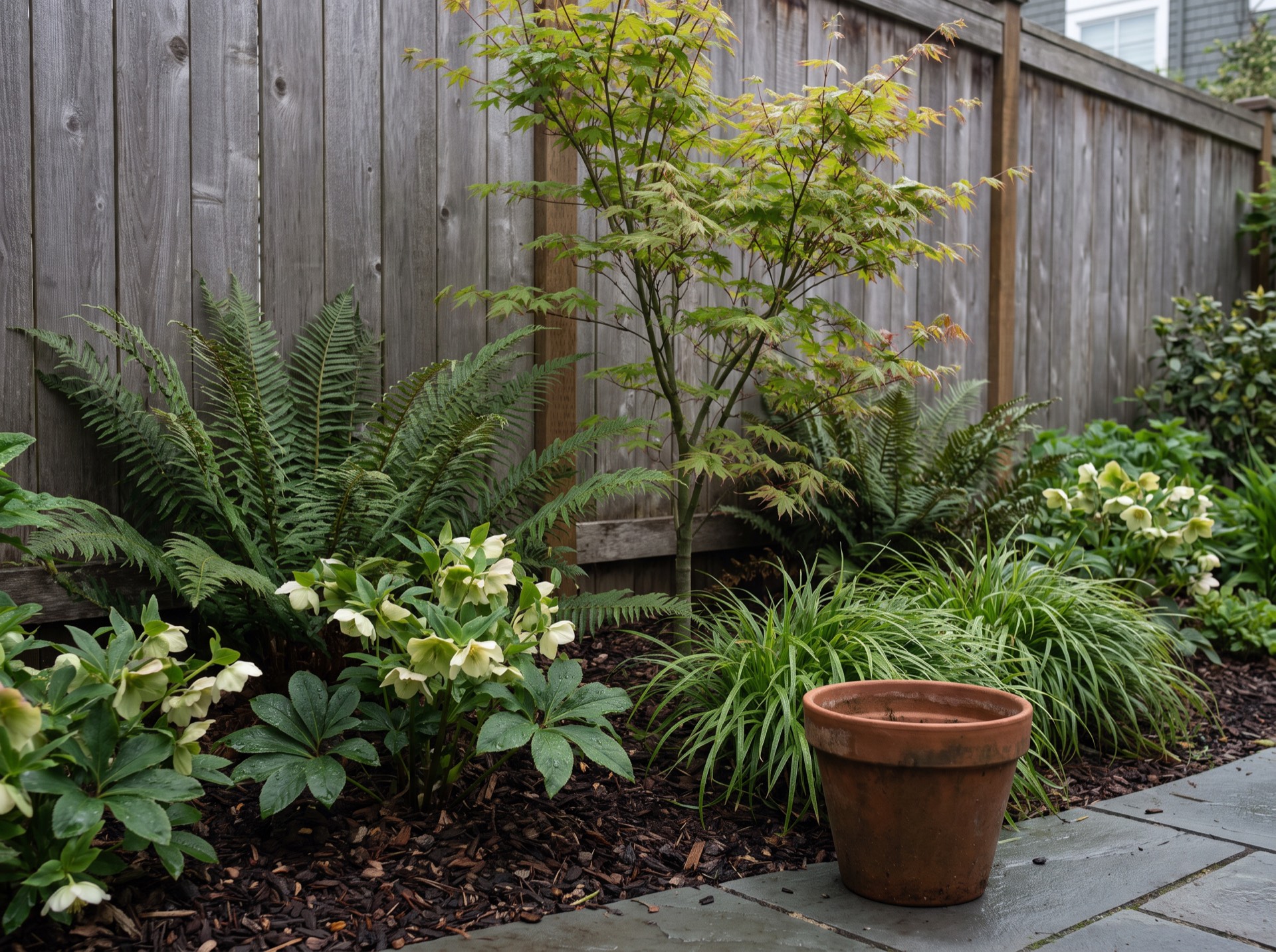 A layered planting bed of sword ferns, hellebores and japanese forest grass against a weathered cedar fence.