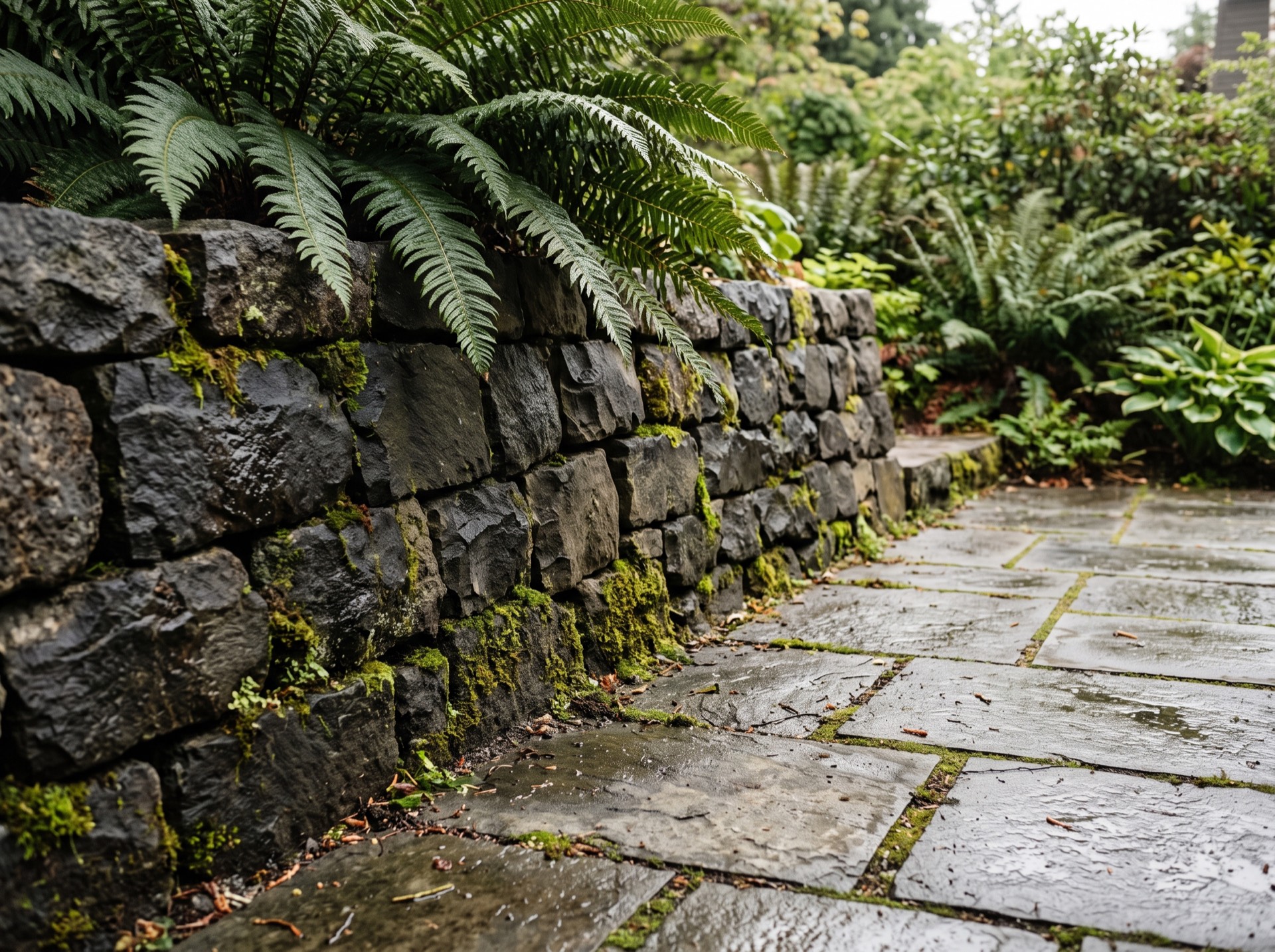 Detail of a dry-stacked basalt retaining wall meeting the edge of a bluestone patio, moss in the joints.